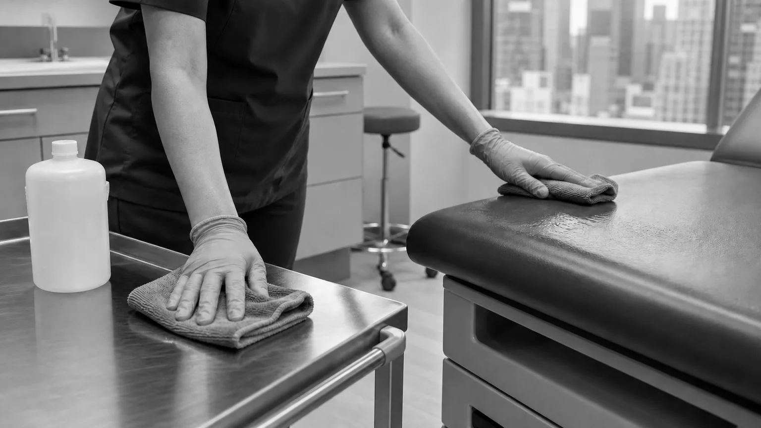 Medical cleaning professional cleaning one clinic surface while disinfectant remains visibly wet on another