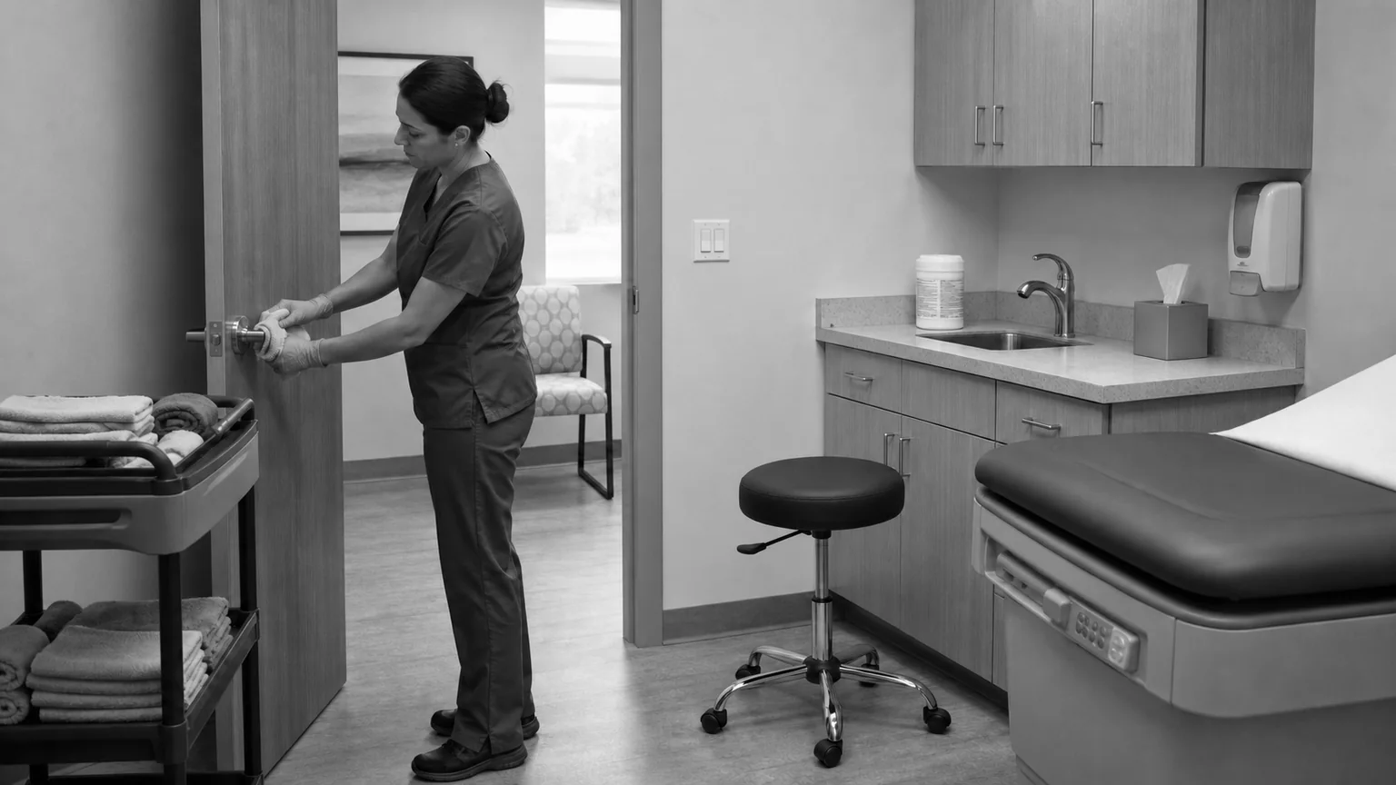 Clinic cleaner wiping a door handle with other high-touch exam-room surfaces subtly identified